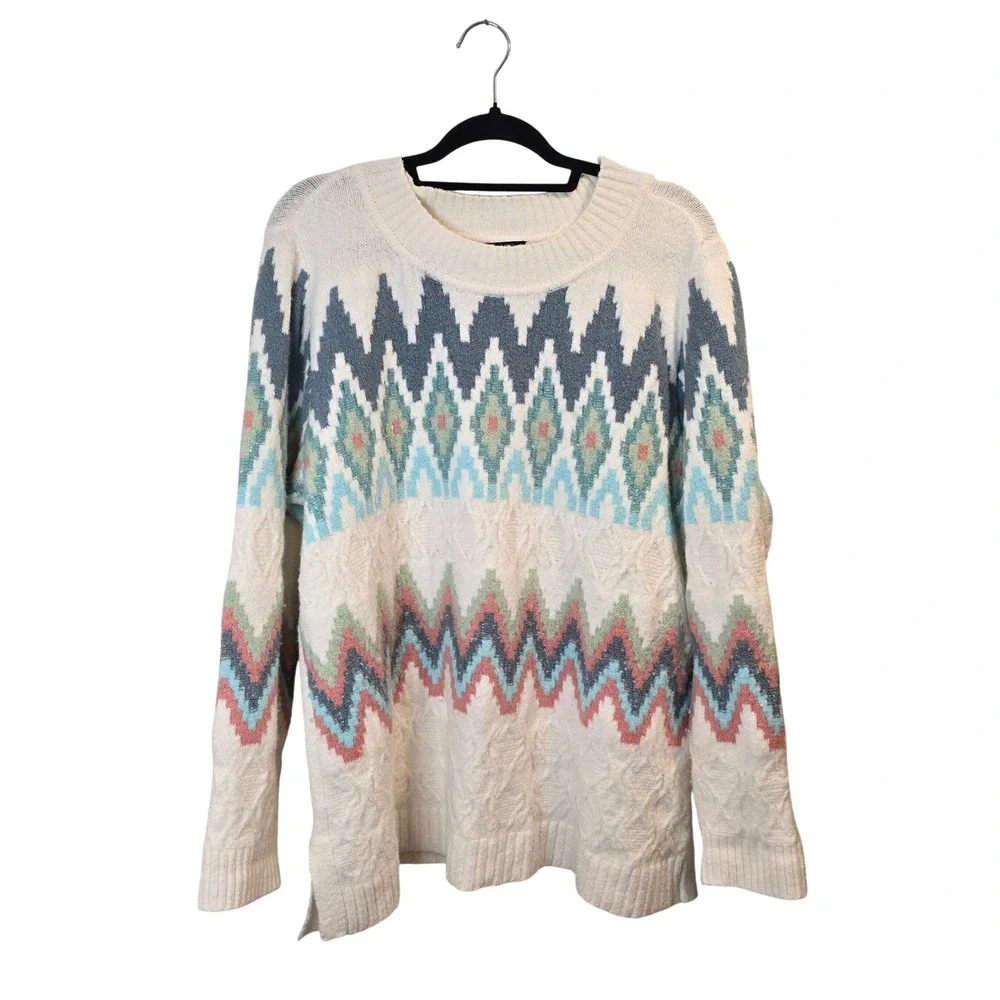Talbots Sweater Womens Large Ivory‎ Multi Color Fair Isle Geometric Cable Knit
